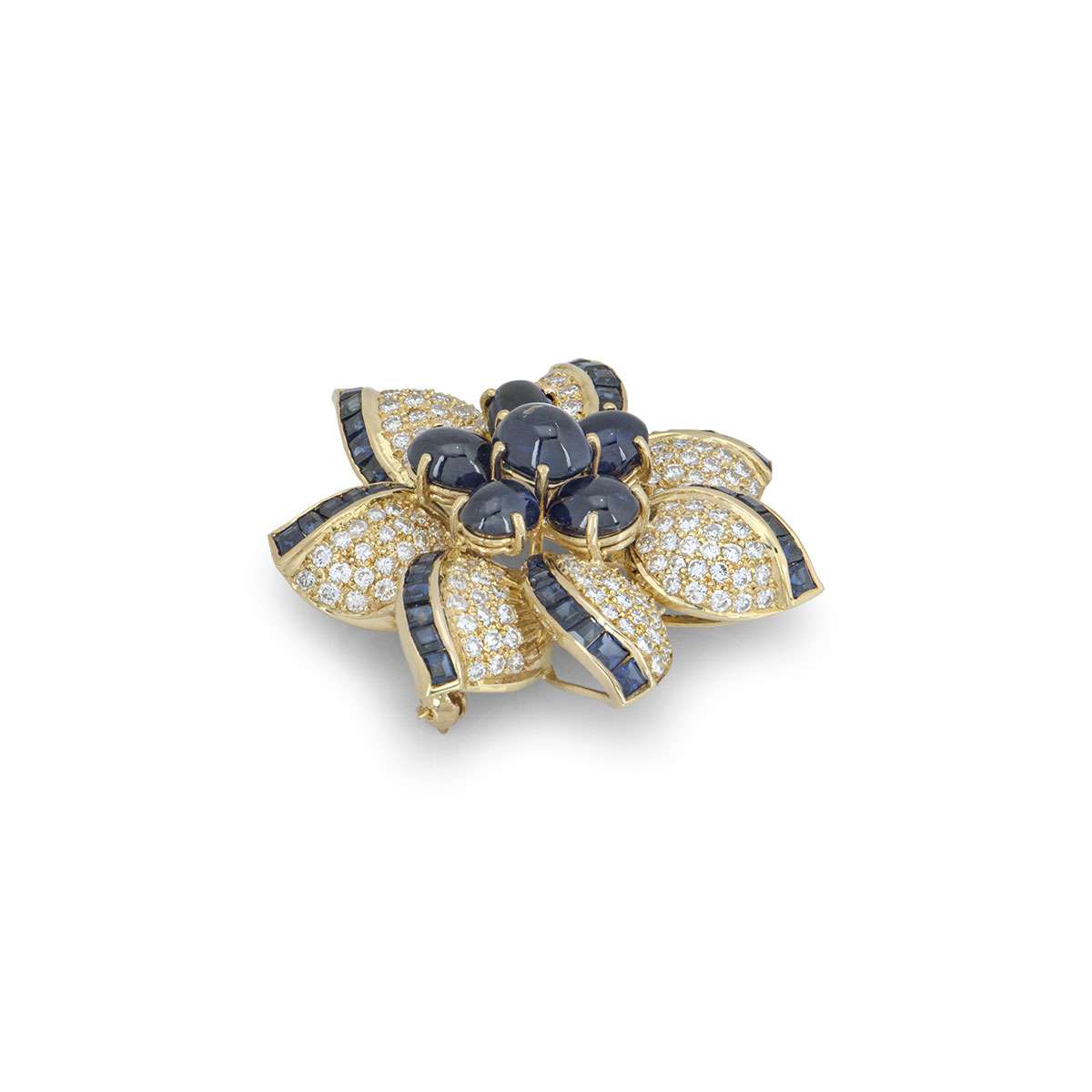 Yellow Gold Diamond and Sapphire Flower Brooch